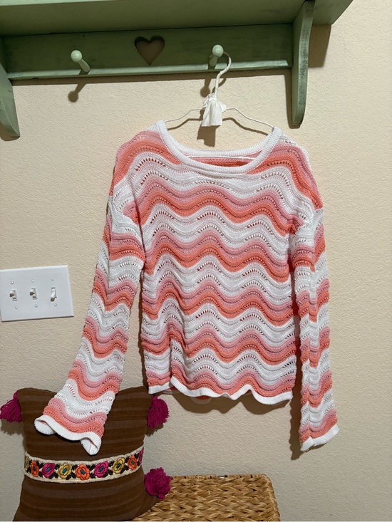 SHEIN Sweaters - White and Coral Wave Light Weight Crewneck Sweater
